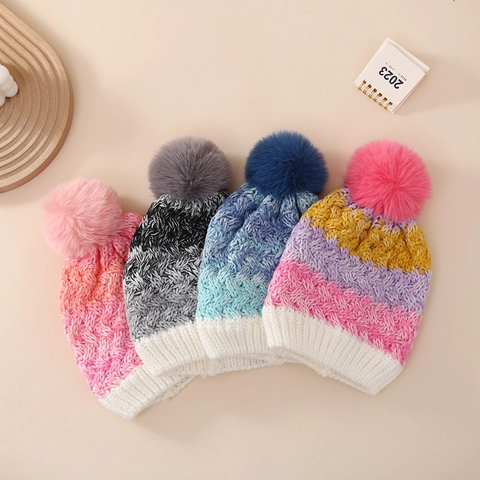Berretto In Maglia Per Bambini Invernale Caldo Foderato In Pile Con Pompon In Pelliccia Sintetica Gradiente Antivento Per Ragazzi Ragazze