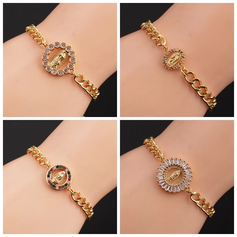 Virgin Mary Guadalupe Religious Pendant Bracelet Gold Plated Copper Cuban Link Adjustable Multi Color Zircon Jewelry