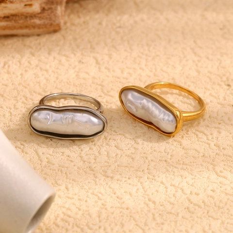 Künstliche Barockperlenring Edelstahl 18K Vergoldet Unregelmäßige Lange Bar Retro Eleganter Modeschmuck Für Frauen