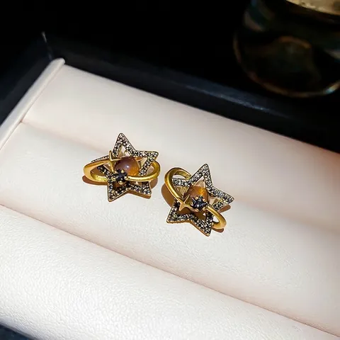 Orecchini A Lobo Stella Pianeta Vintage Rame Con Zircone Nero E Perno In Argento Stile Oro Antico Per Donna