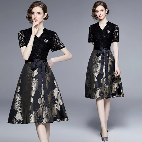 Women Elegant V Neck Short Sleeve Lace Sequin Splicing Floral Jacquard Midi Dress With Satin Bow Belt Retro Patchwork