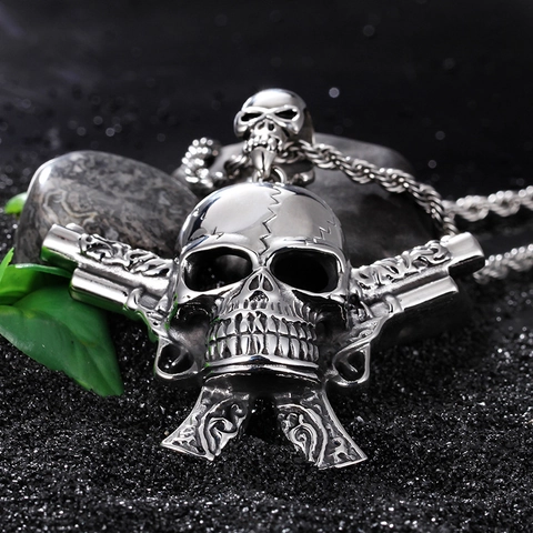 Pendente Teschio In Acciaio Inossidabile Da Uomo Collana Doppie Pistole Gotico Punk Hip Hop Gioielli Accessorio Biker Rock