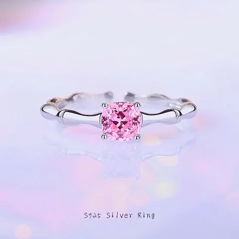S925 Sterling Silver Square Cushion Cut Zirconia Open Ring For Women Adjustable Bamboo Texture Finger Ring Niche Jewelry Gift