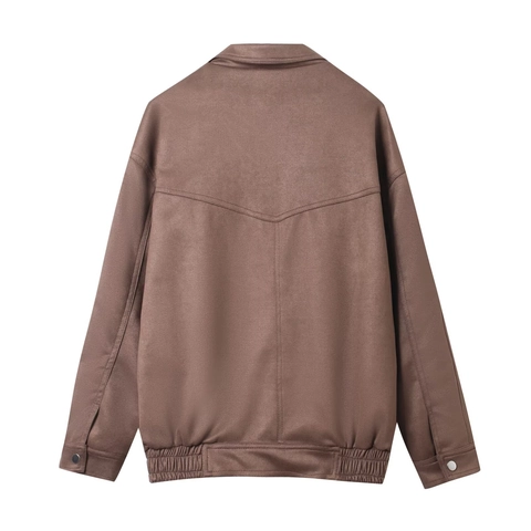 Giacca Bomber Da Donna Effetto Scamosciato Casual Allentata Colletto A Revers Cerniera Capispalla Con Grandi Tasche A Patta