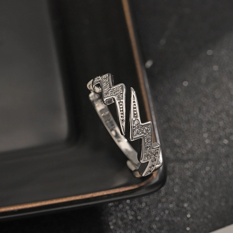 Lightning Bolt Adjustable Ring Silver Color Alloy With Cubic Zirconia Hip Hop Punk Geometric Jewelry Men Women