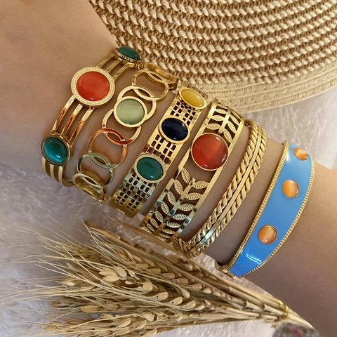 Retro Stainless Steel Bangle Bracelet For Women Gold Plated Hollow Out Colorful Cat Eye Stone Enamel Stacking Jewelry