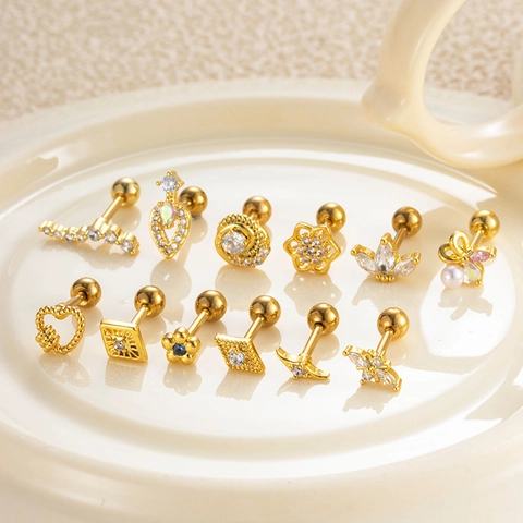 Stainless Steel Copper Helix Piercing Ear Cartilage Studs Zircon Inlaid Flower Heart Geometric Screw Back Jewelry For Women