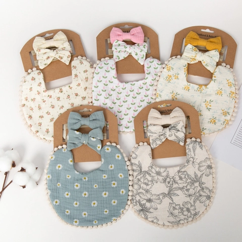 Muslin Cotton Baby Bibs And Bow Headband Double Layer Gauze Saliva Towel For Newborn Toddler Girls Floral Print