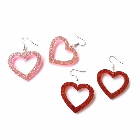Pendientes Colgantes De Acrílico Con Purpurina Corazón Ganchos De Metal Retro Rosa Rojo Hueco San Valentín Para Mujeres