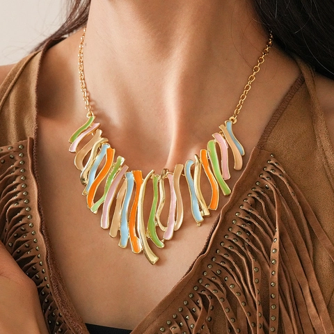 Bohemian Statement Necklace For Women Alloy Multicolored Enamel Irregular Geometric Wave Pendant Resort Style Jewelry