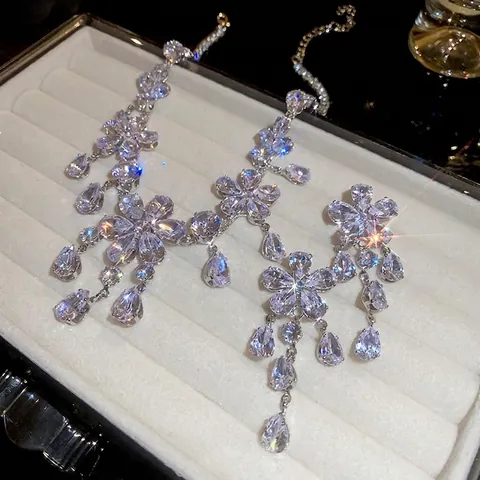 Collana Orecchini Floreali Nappa Goccia Zirconia Rame Sposa Matrimonio Accessori Donna Con Perno In Argento