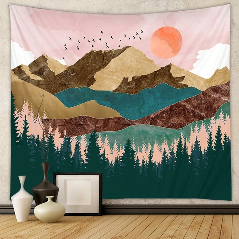 Tapiz De Pared Paisaje Montaña Poliéster Para Dormitorio Sala Decoración Bohemia Moderna Abstracta