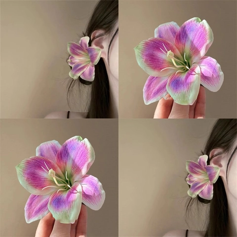 Simulierter Lilienblüten-Haarclip Ätherischer Stoff Entenschnabelclip Damen Urlaub Strand Foto Seiten-Haarnadel
