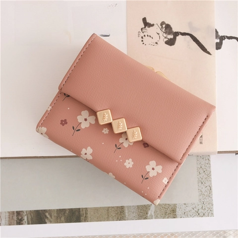 Γυναικείο Πορτοφόλι Τρίπτυχο PU Δέρμα Floral Print Πορτοφόλι Με Κούμπωμα Μικρό Κλιπ Χρημάτων Θήκη Καρτών Για Κορίτσια