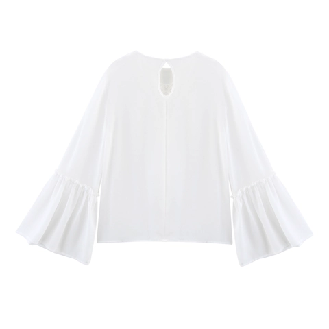 Women White Chiffon Blouse With Lace Splicing Elegant Long Flare Sleeves Round Neck Office Commute Tops