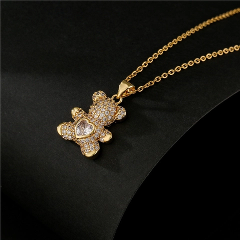 Collier Pendentif Ours Mignon Cuivre Avec Zircon Micro-serti Pierre Coeur Bijoux Animaux Mode Pour Femmes