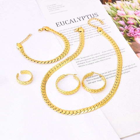Titanstahl Gewebte Gedrehte Kette Halskette Armband Creolen Und Offener Ring Minimalistischer Schmuck Vergoldet