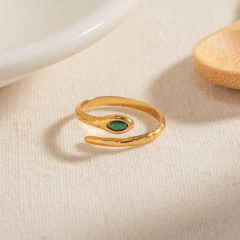 Snake Open Ring Stainless Steel 18K Gold Plated With Green Marquise Stone Hammered Texture Retro French Style For Women
