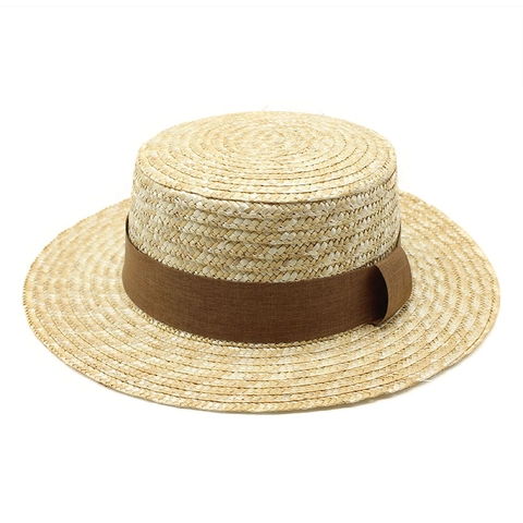 Sombrero Canotier De Paja De Trigo Vintage Con Tapa Plana Y Cinta Marrón Protección Solar Playa Verano Transpirable Para Mujer