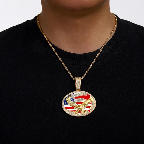 Hip Hop Necklace USA Flag Eagle Pendant Iced Out Rhinestone Alloy Rope Chain For Men Streetwear