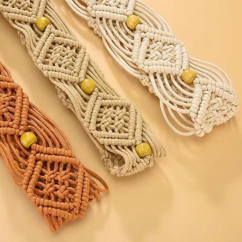 Women Ethnic Woven Belt Macrame Waist Chain With Wooden Beads Tassel Bohemian Retro Decorative Belt For Dress Adjustable