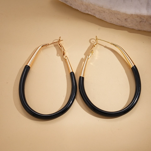 Oval Hoop Earrings With Silver Earring Post Gold Black Two Tone Contrast Enamel Drip Oil Geometric For Women