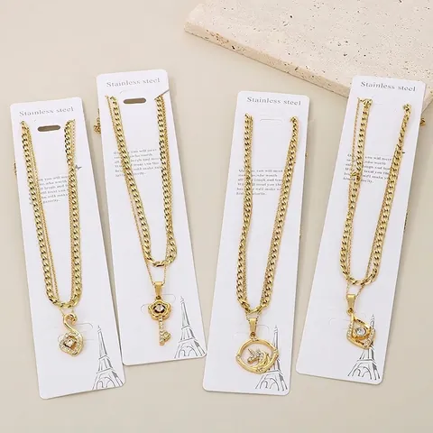 Gelaagde Ketting Roestvrij Staal Verguld Strass Hanger Mode Sieraden Voor Dames Elegant Hart Sleutel Eenhoorn
