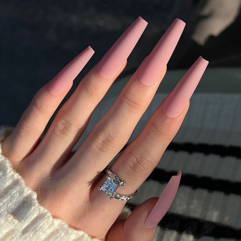 Press On Nails Extra Lang Ballerina Coffin Mat Oudroze Plastic Volledige Dekking Eenvoudige Chique DIY Manicure
