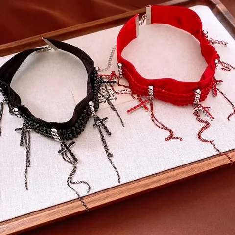 Gothik Samt Choker Halskette Mit Straß Kreuz Anhängern Und Quastenketten Für Damen Vintage Punk Schmuck