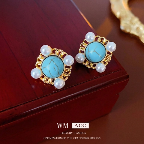 Pendientes Palacio Vintage Con Turquesa Azul Y Perla Artificial Imitación Aleación Acabado Dorado Poste De Plata Retro Mujeres