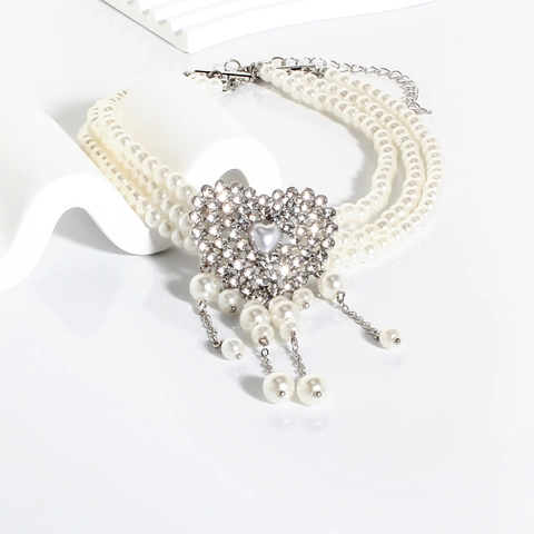 Lussuosa Collana Con Ciondolo a Cuore in Perle Artificiali e Lega Nappa in Strass Choker a Più Strati per Donna Gioielli Eleganti
