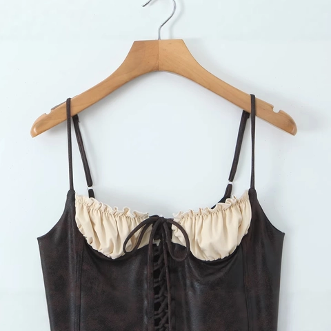 Women Vintage Gothic Lace Up Corset Top Distressed Polyester Spliced Ruffle Camisole Spaghetti Strap Slim Fit Crop Top