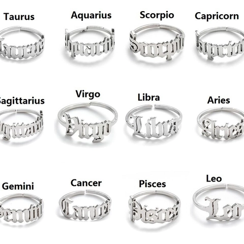 Gothic Letter Zodiac Sign Open Ring Stainless Steel Adjustable Constellation Jewelry For Women Retro Minimalist Birthday Gift