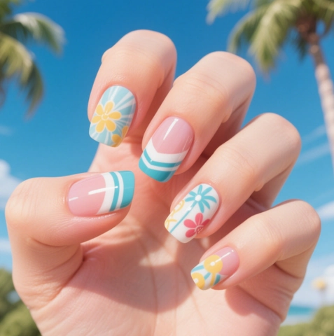 Korte Vierkante Press On Nails Hawaii Strand Palmboom Zomer Franse Stijl Kunstnagels Voor Vrouwen Glanzend ABS Plastic