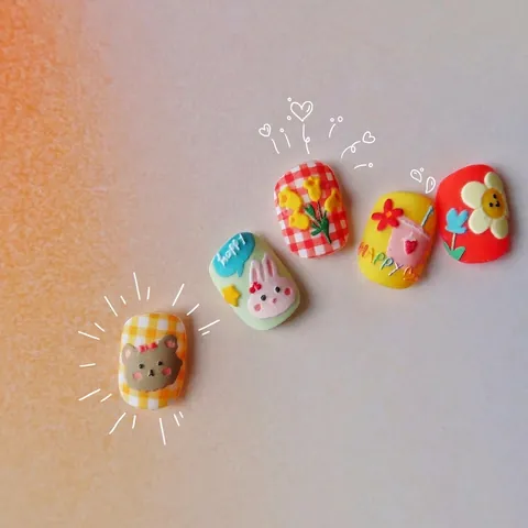 Autocollants Ongles 3D Relief Mignon Dessin Animé Ours Lapin Tulipe Arc-en-Ciel Doodle Décoration Manucure DIY