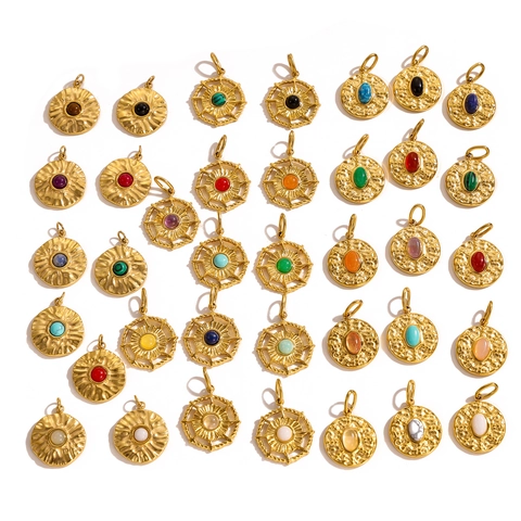 Ciondoli Tondi Vintage In Acciaio Inossidabile Intarsio Pietra Naturale Bussola Sole Accessori Per Gioielli DIY Oro