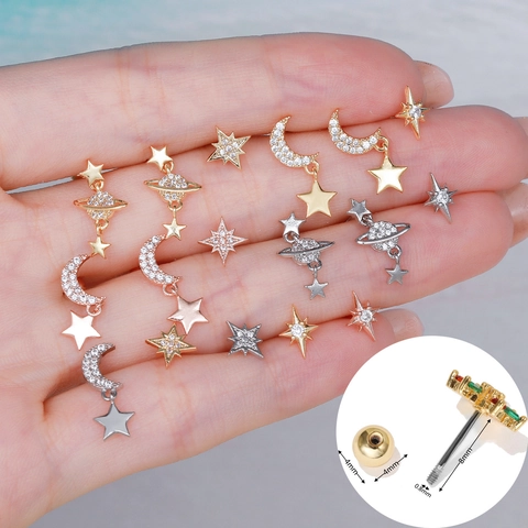 Orecchini Cartilagine Stella Luna Pianeta Ottone Zirconia Stainless Steel Earring Post Gioielli Piercing Con Chiusura A Vite