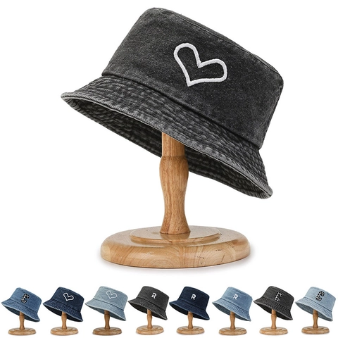 Bucket Hat Washed Cotton Denim Heart Letter Embroidery Casual Outdoor Sun Hat For Women