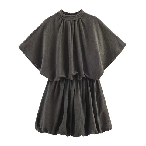 Vestido Mini De Poliéster Color Sólido Con Mangas Murciélago Dobladillo De Globo Y Cuello Alto Mujer Estilo Elegante