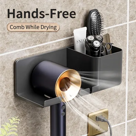 Wall Mounted Hair Dryer Holder ABS Plastic Drill-Free Bathroom Storage Organizer Rack Multifunctional Stand