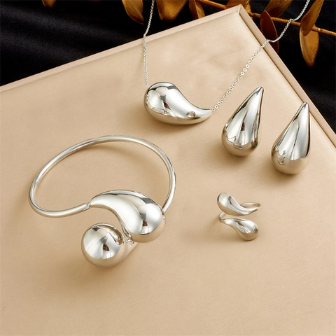 Edelstahl Schmuckset Wassertropfen Halskette Ohrringe Ring Armband Poliert Minimalistisch Elegant Für Damen
