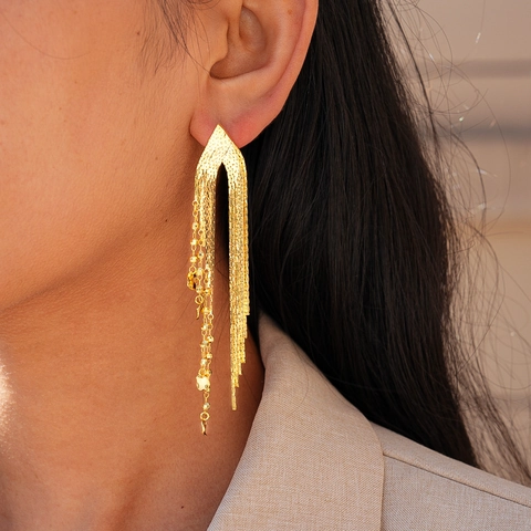 Long Tassel Drop Earrings 18K Gold Plated Brass Geometric Sequin Chain Jewelry With Silver Earring Post