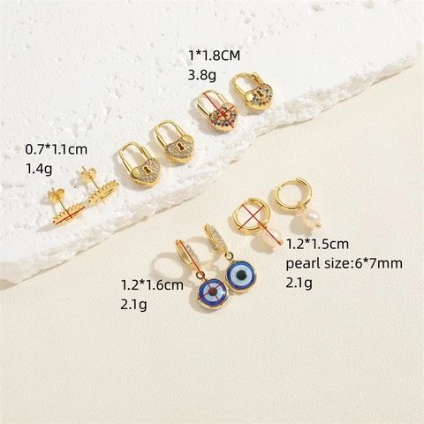 Pendientes de Cobre Chapados en Oro de 14K Con Ojo del Mal y Corazón Candado Circonia Perlas de Agua Dulce Joyería Mujer