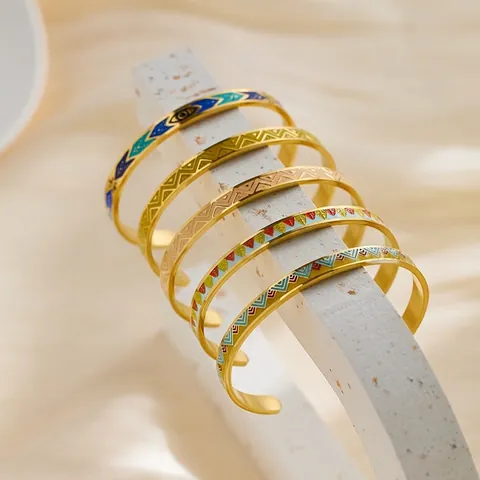 Bohemian Colorful Enamel Geometric Pattern Stainless Steel Open Cuff Bracelet For Women Vintage Gold Plated Bangle Jewelry
