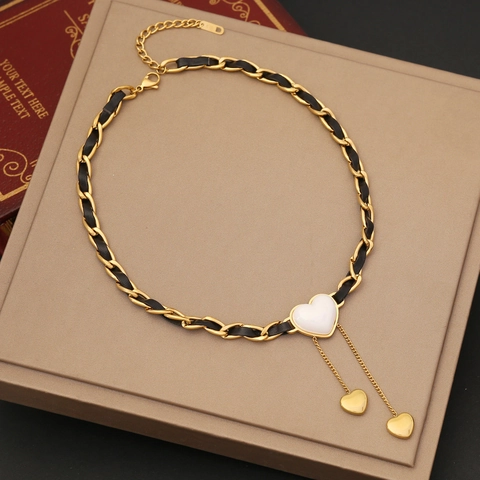 Collar De Cadena De Cuero Trenzado De Acero Inoxidable Con Colgante De Mariposa Perla Artificial Corazón Gargantilla Para Mujer