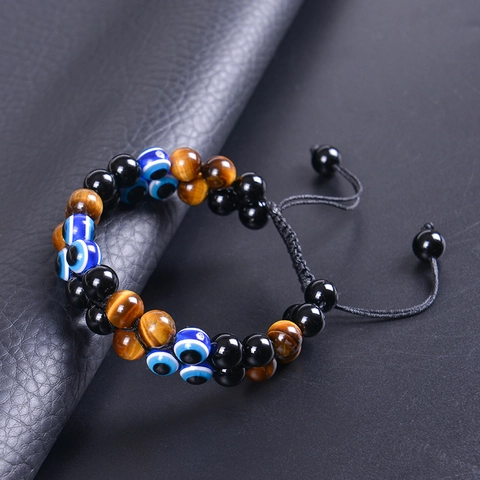 Evil Eye Tiger Eye Layered Beaded Bracelet Handmade Braided Adjustable Natural Stone Jewelry For Men