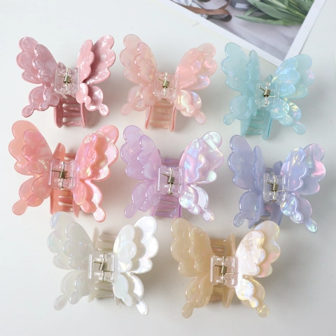 Iridescent Acetate Butterfly Hair Claw Clip Elegant Double Layered Shark Clip Hair Clamp For Women Daily Hair Accessories