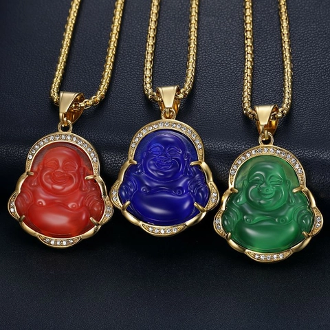 Collana Con Ciondolo Buddha Ridente Placcato Oro Acciaio Inossidabile Finta Giada Strass Gioielli Hip Hop