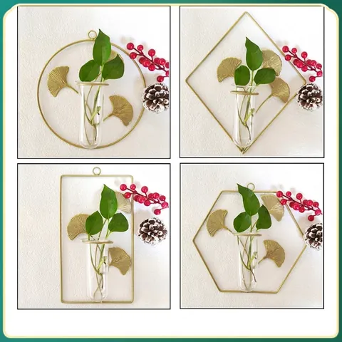Wall Mounted Hydroponic Flower Vase Gold Metal Iron Ginkgo Leaf Glass Tube Plant Holder Nordic Home Decor