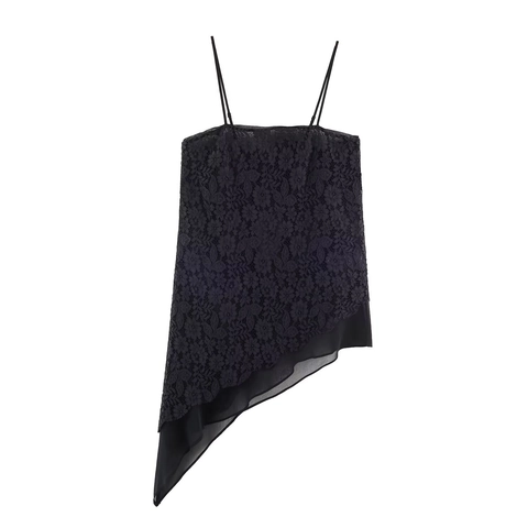Schwarzes Spitzen-Camisole-Oberteil Asymmetrischer Unregelmäßiger Saum Sexy Durchsichtig Verstellbare Träger Damen